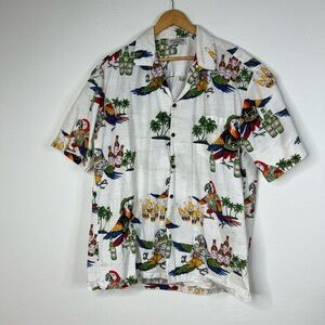 Vintage Pacific Legend Hawaiian Shirt White Parrot Beer Print Button Size XL